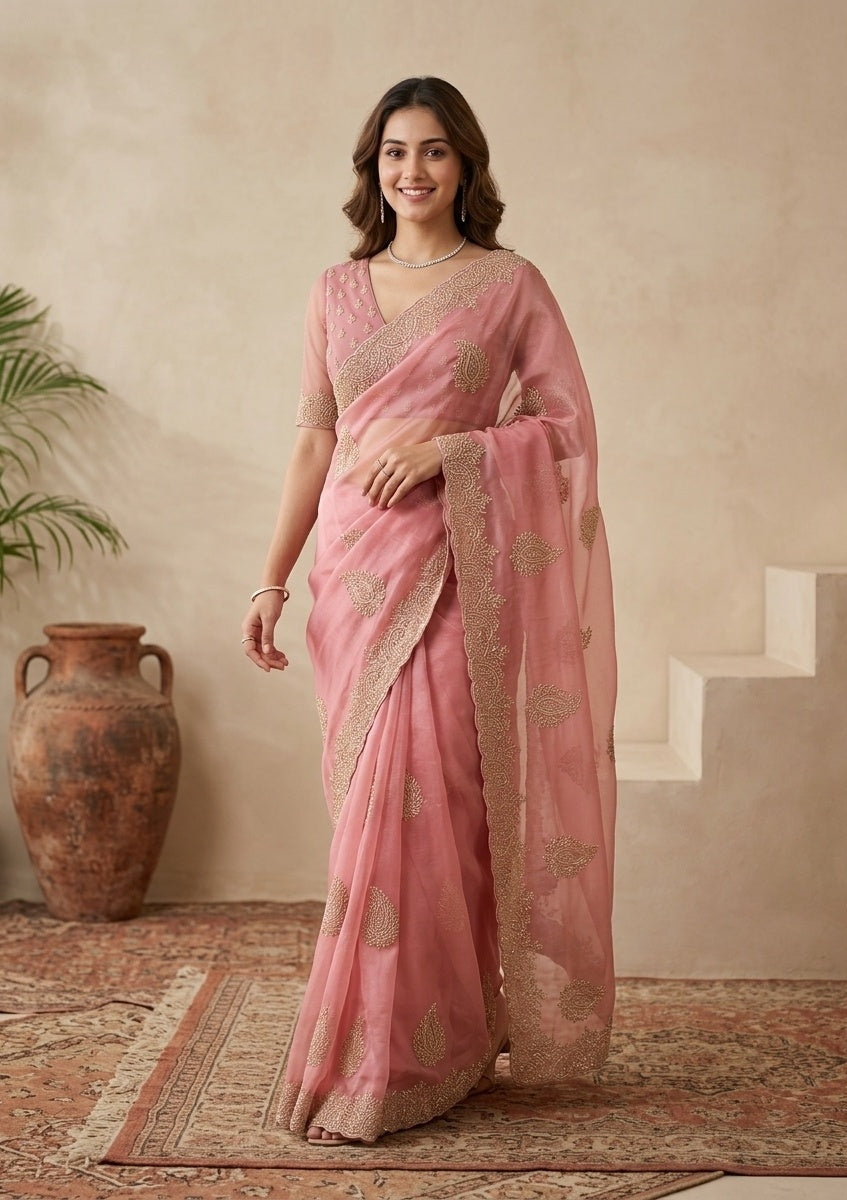 Onion Pink Stonework (Gold) Tissue Saree