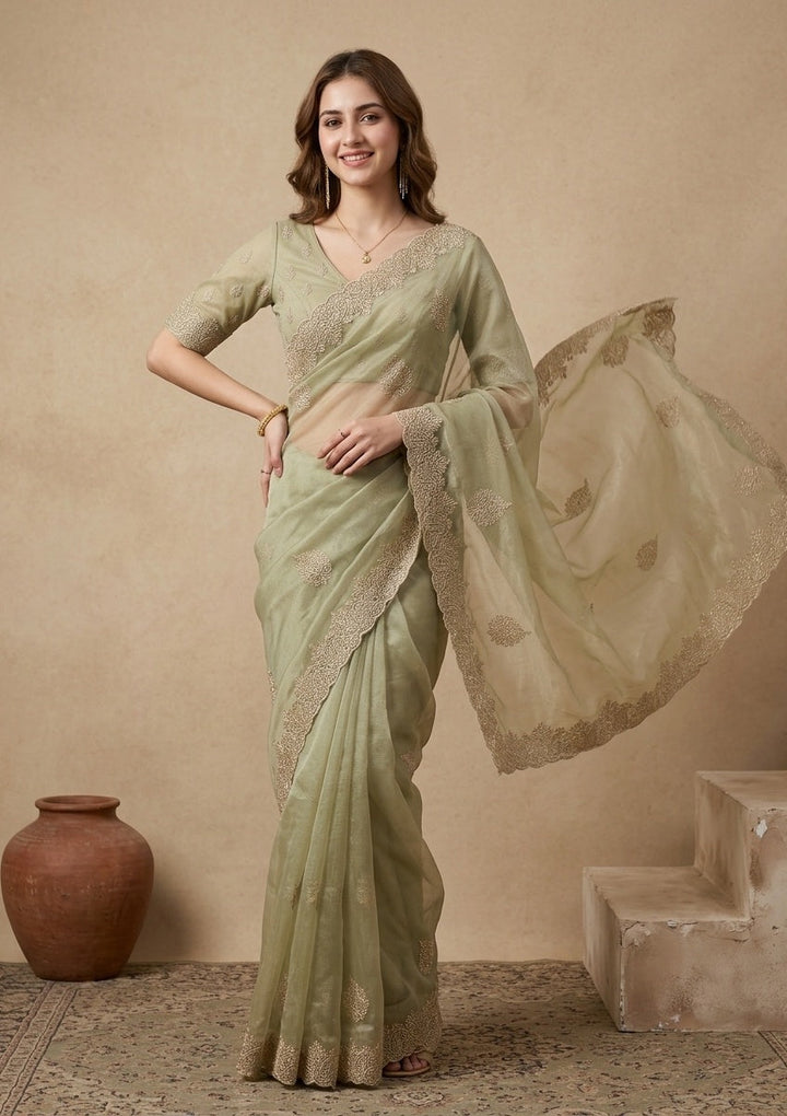 Pista Green Stonework (Gold) Tissue Saree