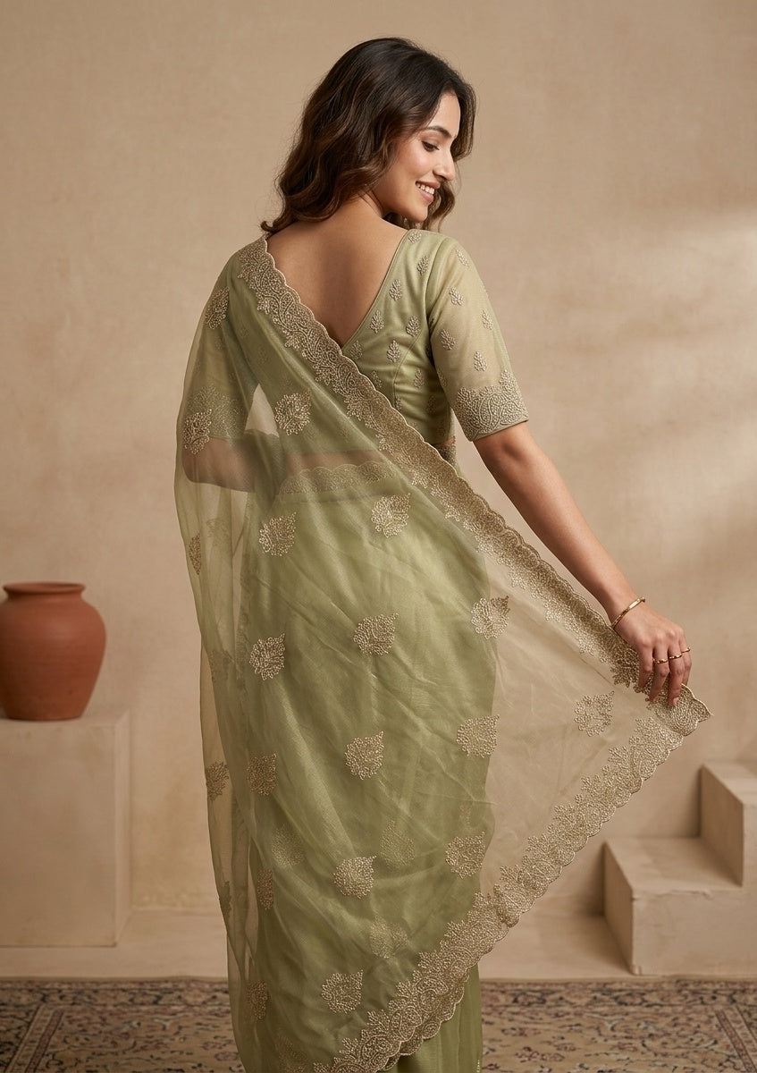 Pista Green Stonework (Gold) Tissue Saree