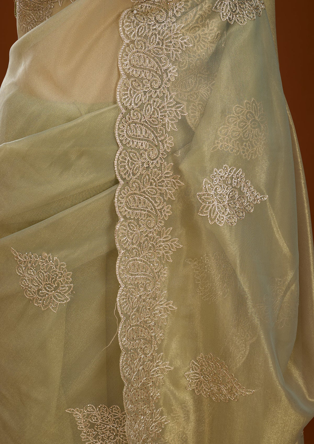 Pista Green Stonework (Gold) Tissue Saree