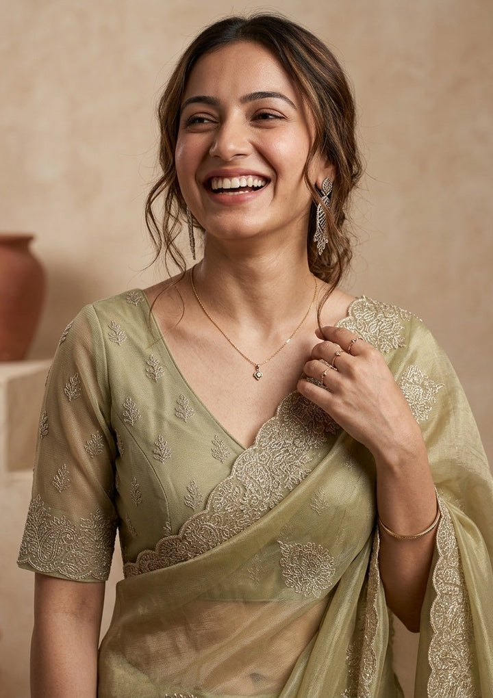 Pista Green Stonework (Gold) Tissue Saree
