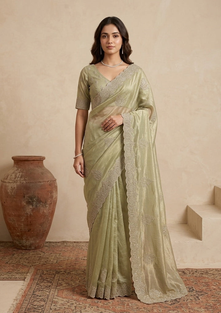Pista Green Stonework (Gold) Tissue Saree