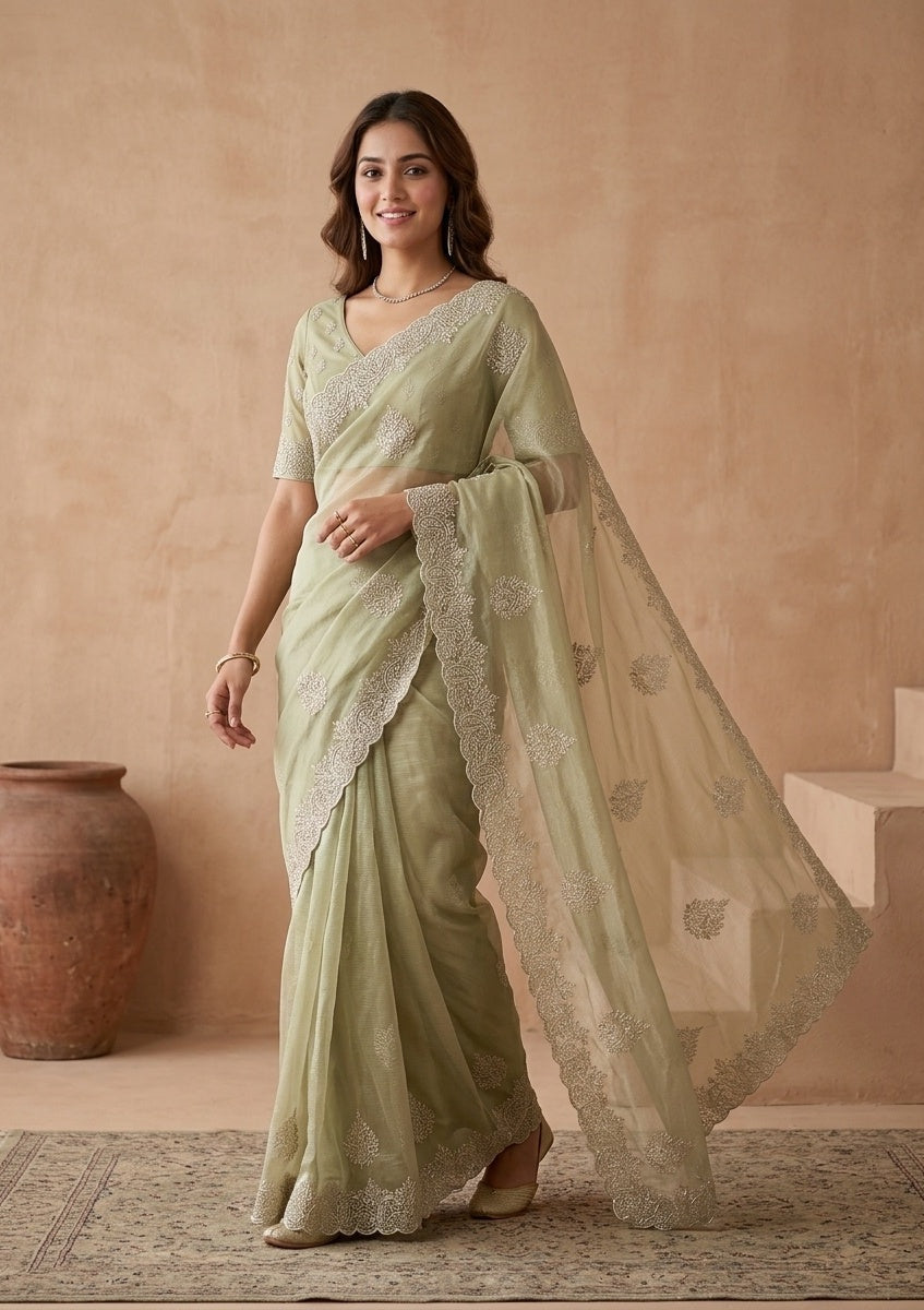 Pista Green Stonework (Gold) Tissue Saree