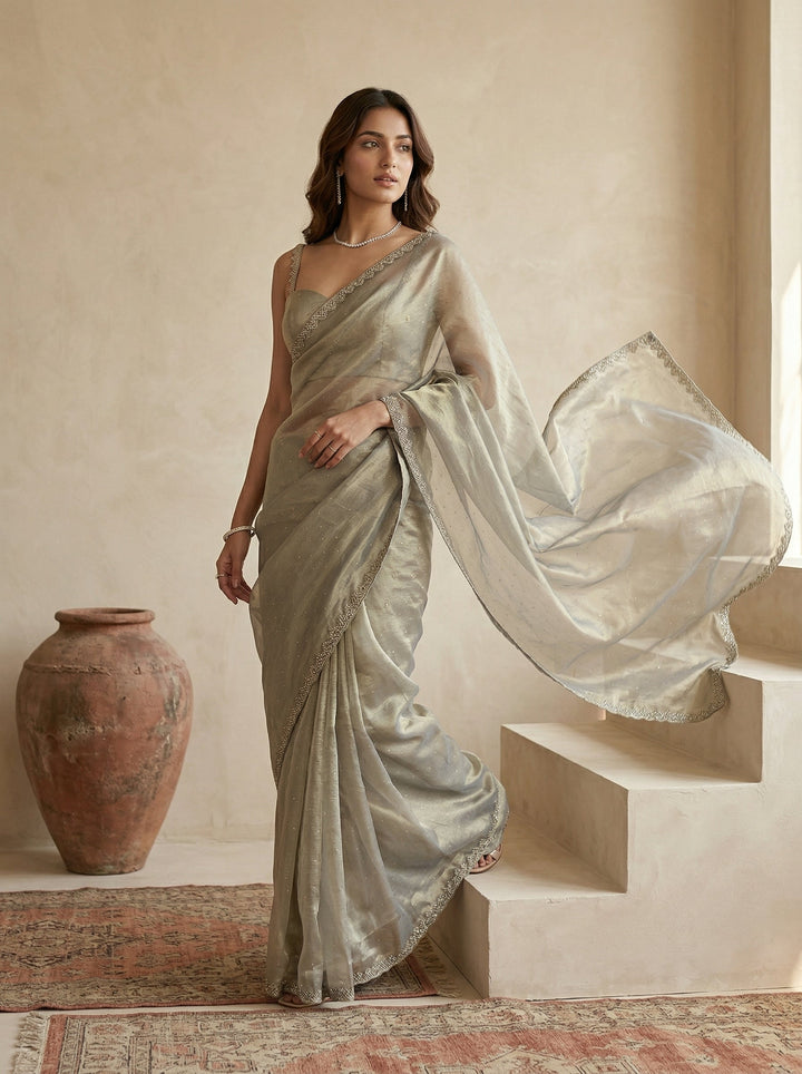 Pista Green Stonework (Gold) Tissue Saree
