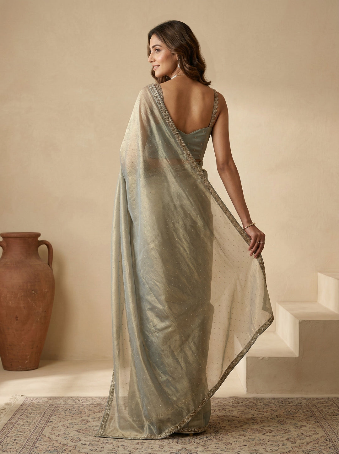 Pista Green Stonework (Gold) Tissue Saree
