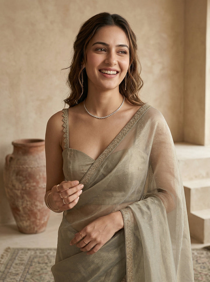 Pista Green Stonework (Gold) Tissue Saree