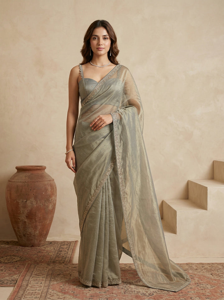 Pista Green Stonework (Gold) Tissue Saree