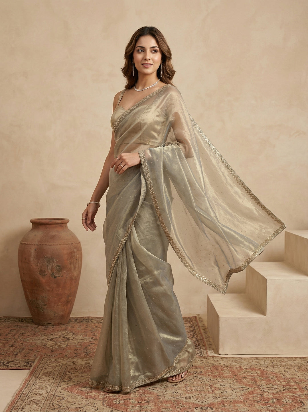 Pista Green Stonework (Gold) Tissue Saree