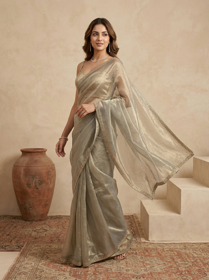 Pista Green Stonework (Gold) Tissue Saree