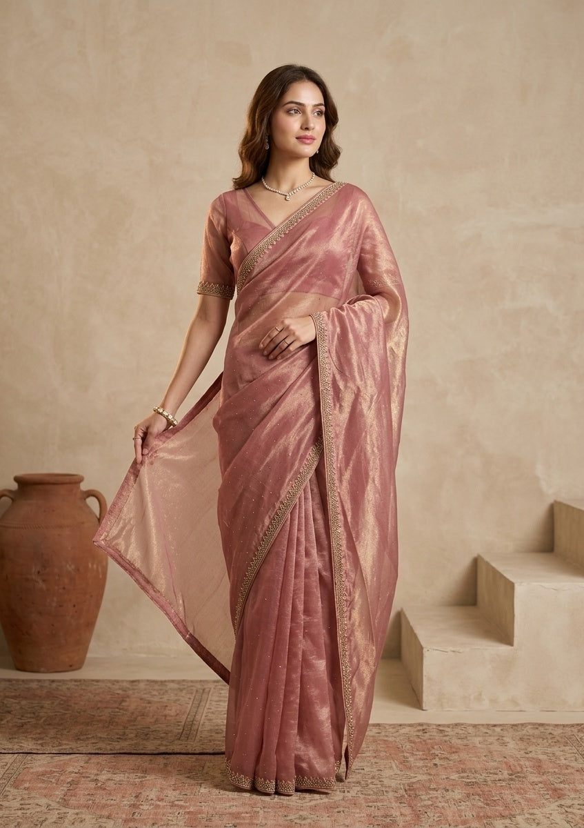 Rust Stonework (Gold) Tissue Saree