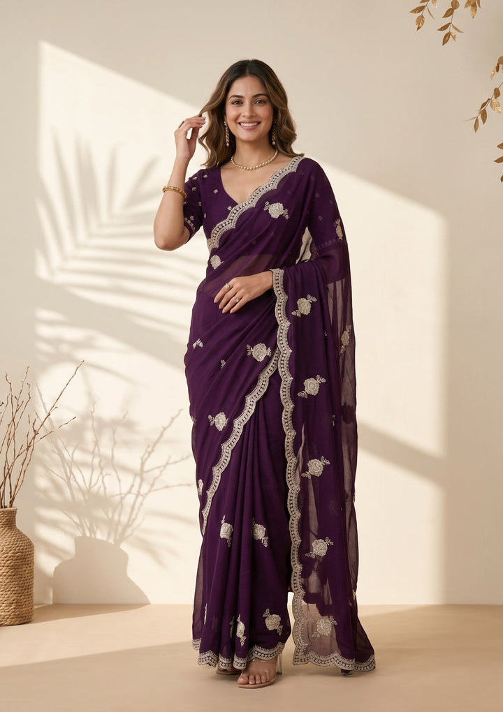 Purple Soft Raw Silk Gold Zariwork Saree With Matching Blouse Piece