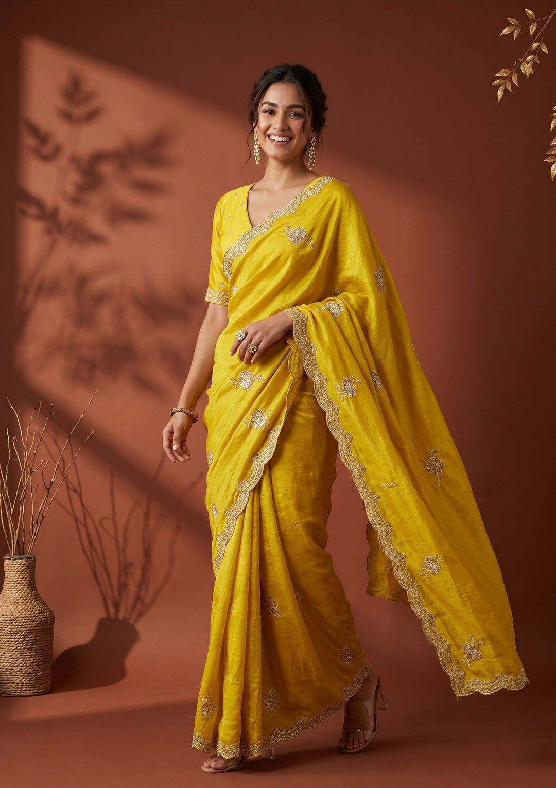 Yellow Soft Raw Silk Gold Zariwork Saree With Matching Blouse Piece