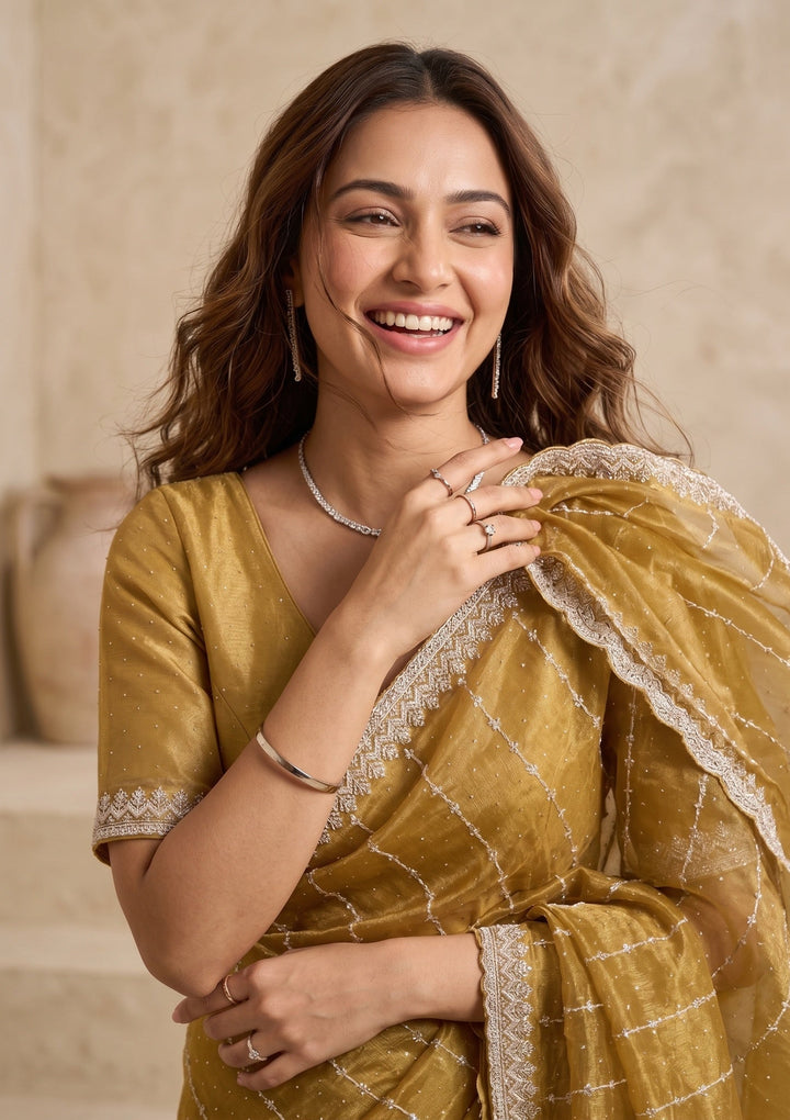 Mustard Tissue Gold Zariwork Saree With Matching Blouse Piece