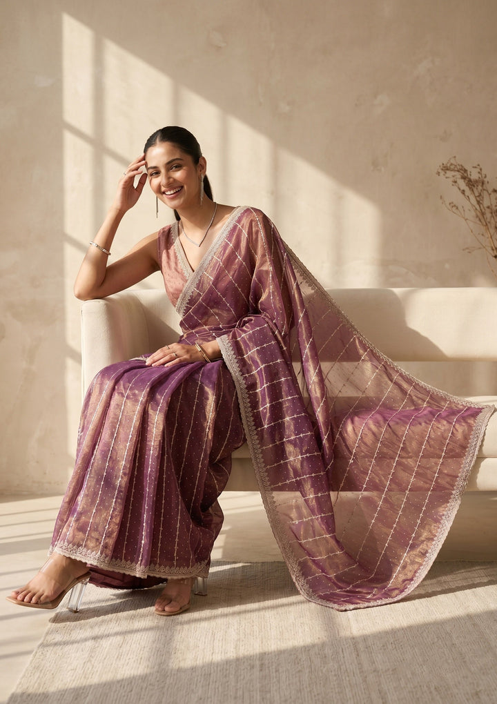 Wine Zariwork (Gold) Tissue Saree