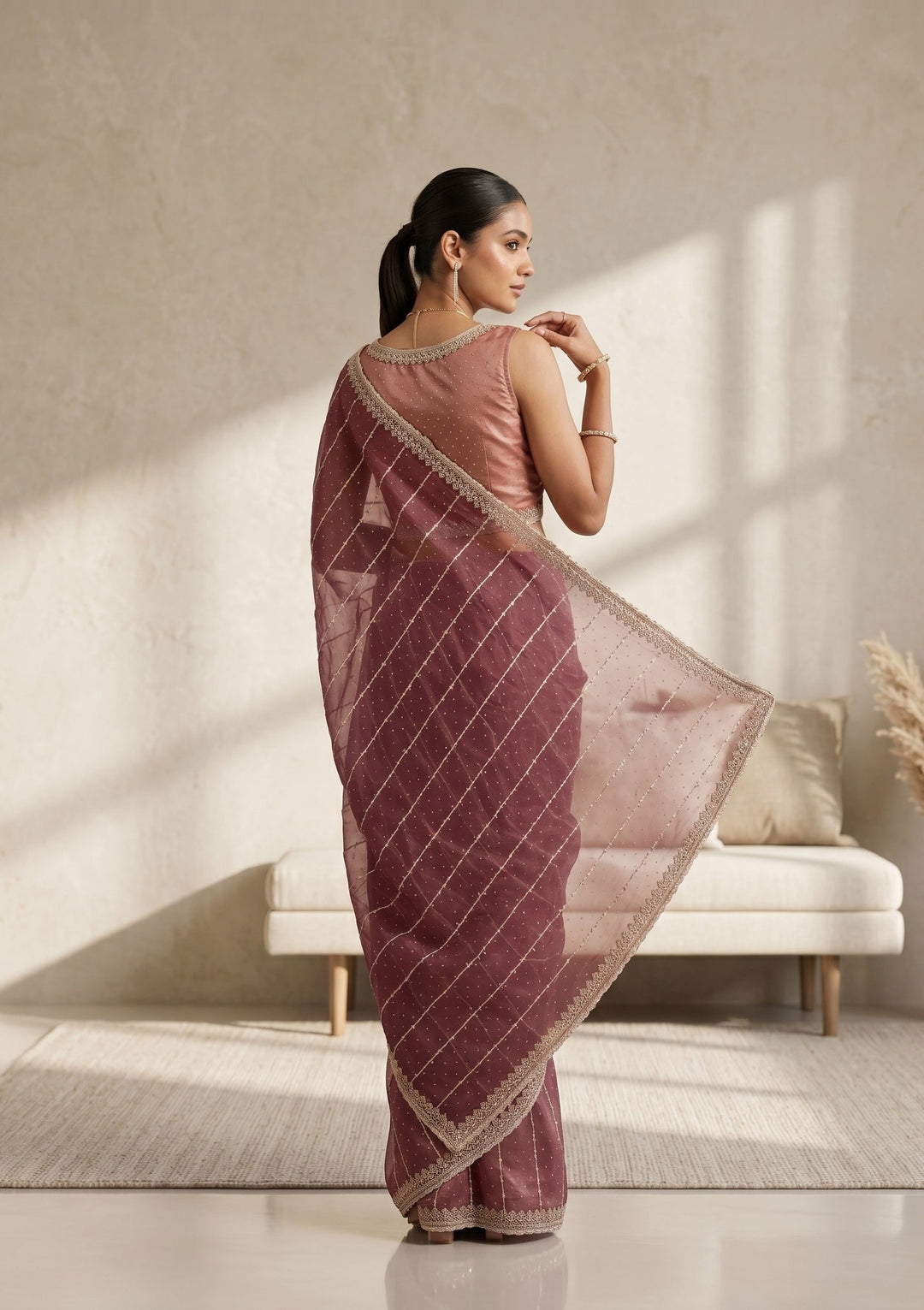 Wine Zariwork (Gold) Tissue Saree