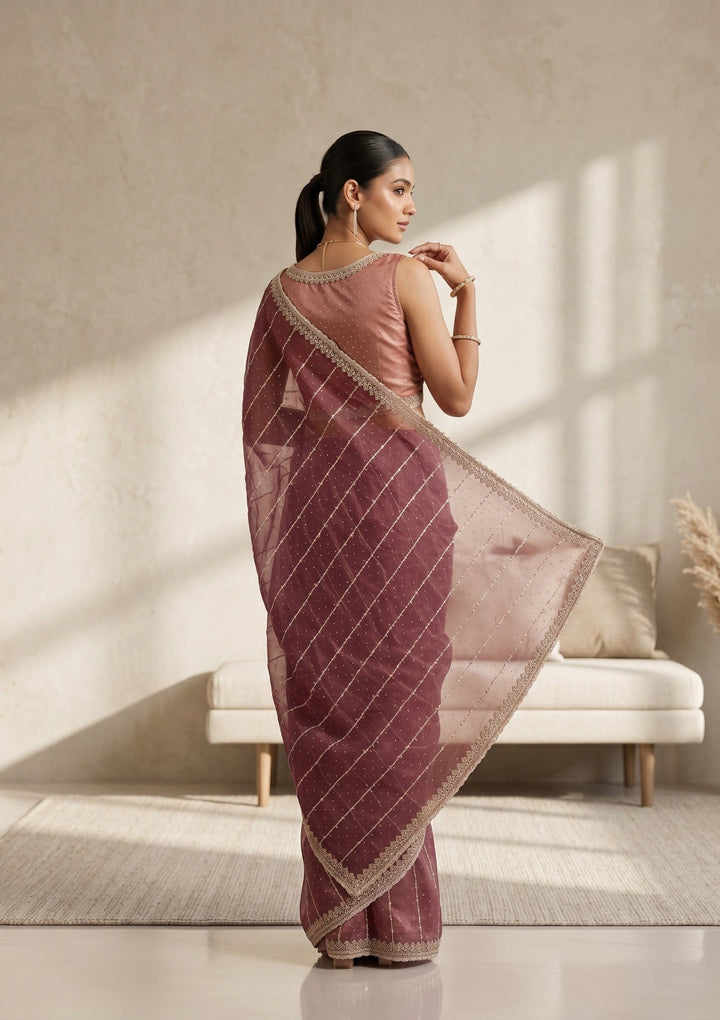 Wine Zariwork (Gold) Tissue Saree