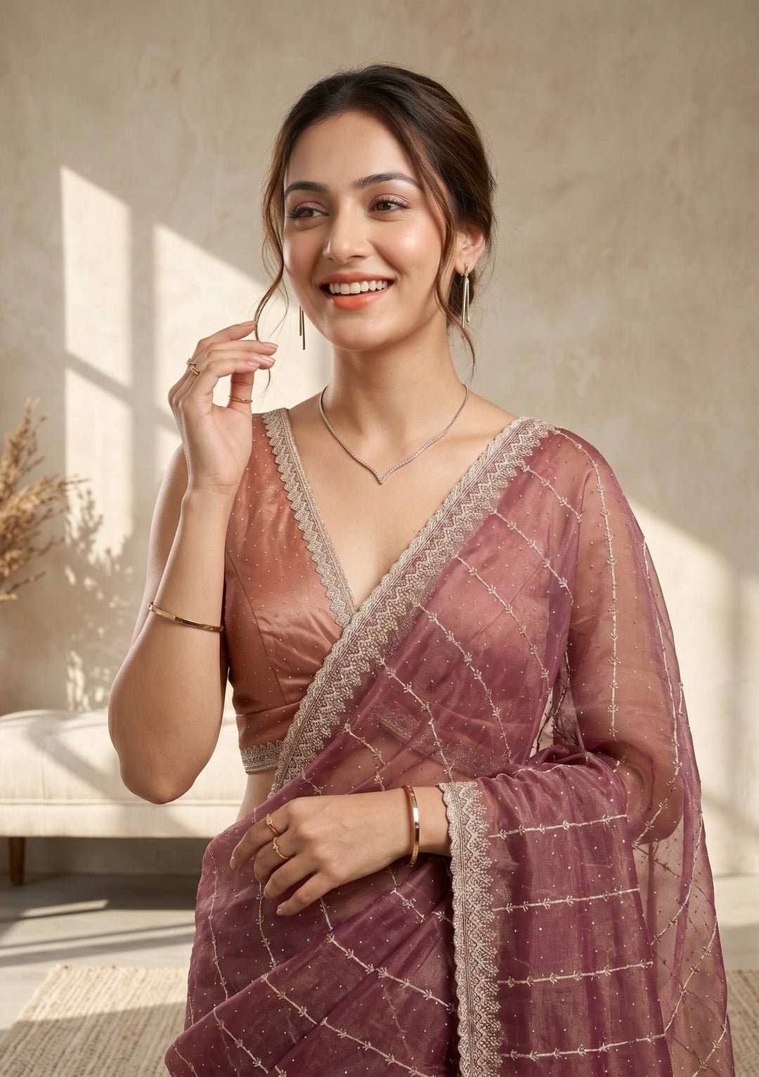 Wine Zariwork (Gold) Tissue Saree