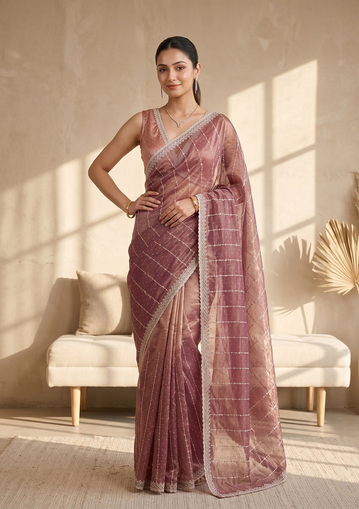 Wine Zariwork (Gold) Tissue Saree