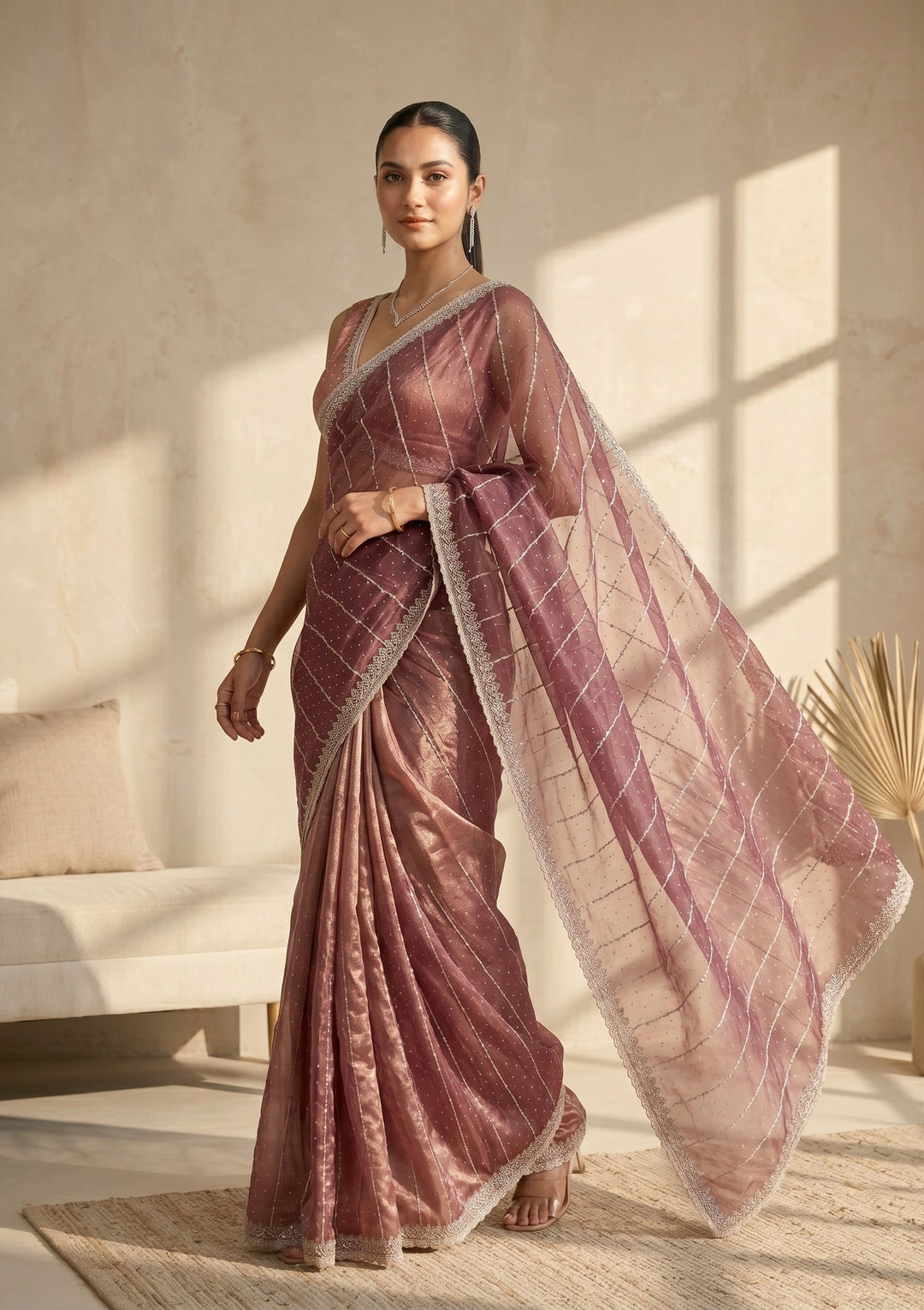 Wine Zariwork (Gold) Tissue Saree