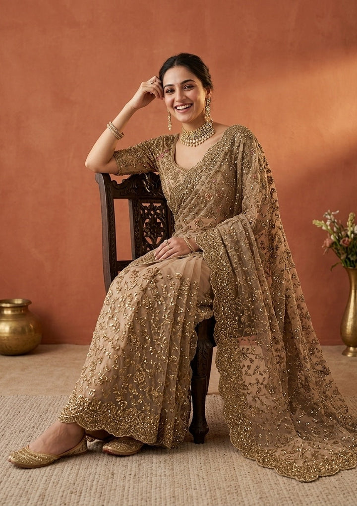 Beige Cording Net Saree