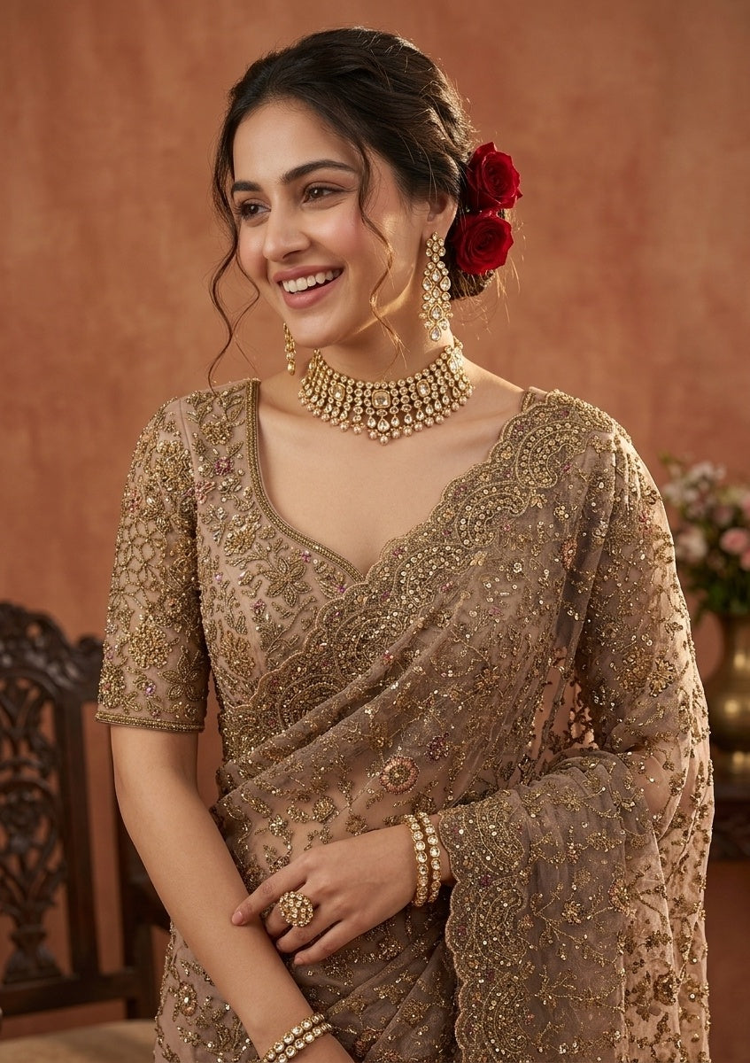 Beige Cording Net Saree