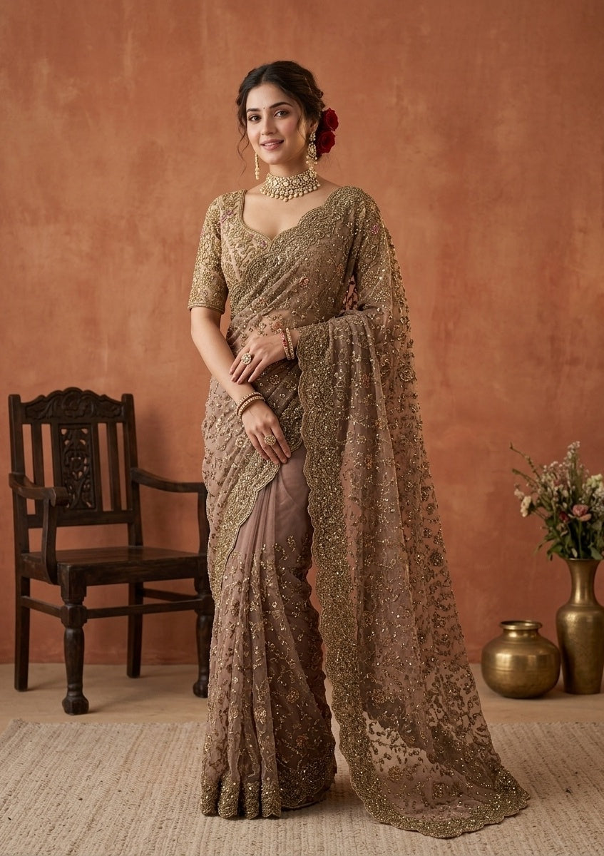 Beige Cording Net Saree