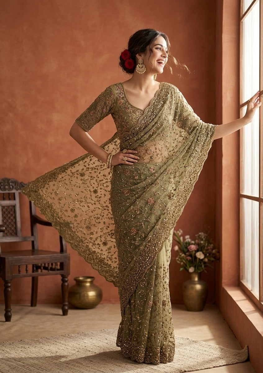 Mehendi Cording Net Saree