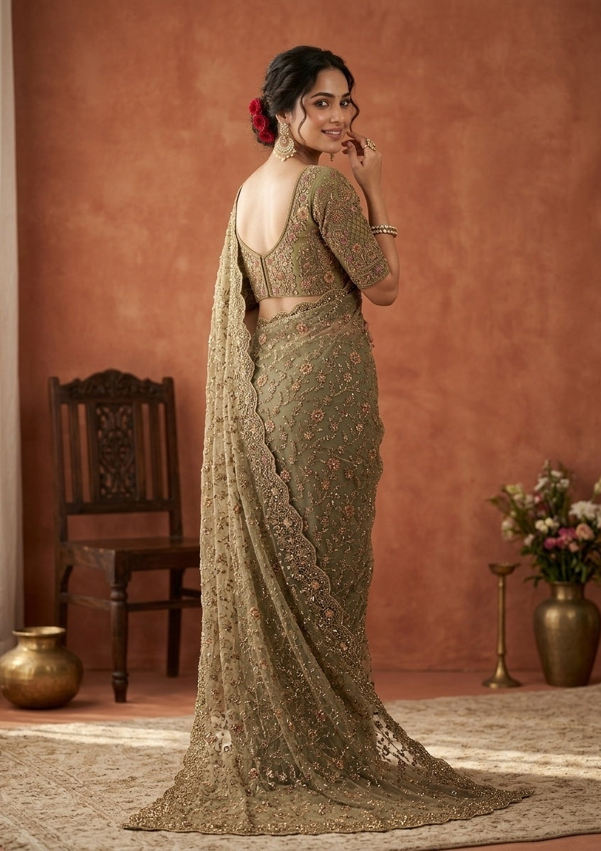 Mehendi Cording Net Saree
