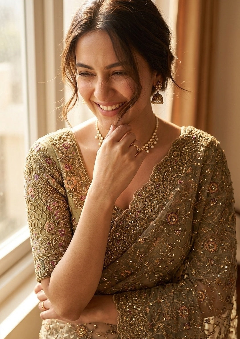 Mehendi Cording Net Saree