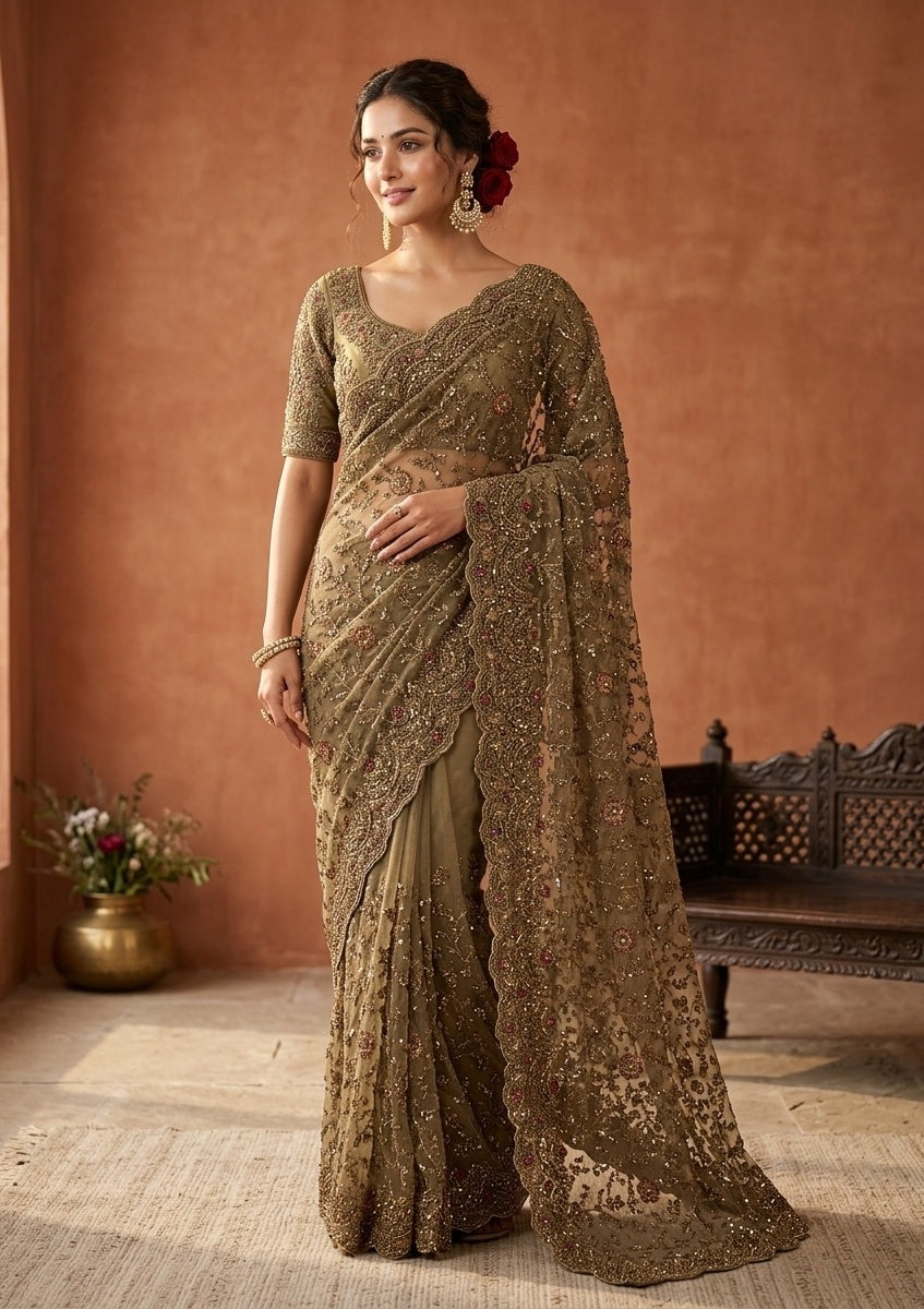 Mehendi Cording Net Saree