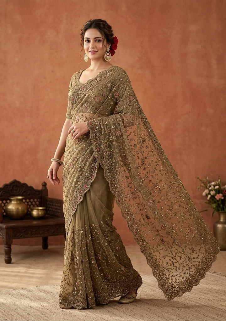 Mehendi Cording Net Saree