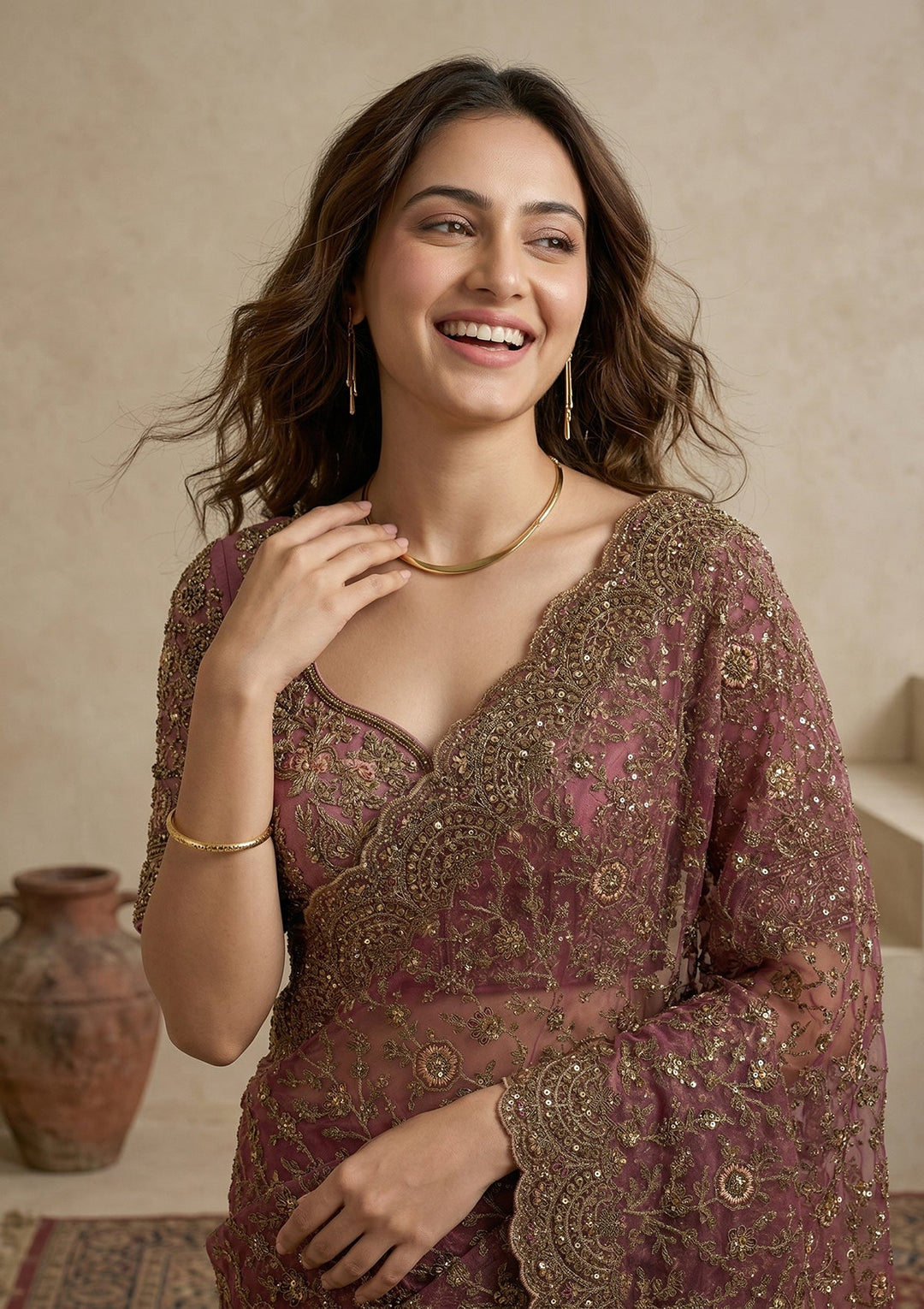 Onion Pink Cording Net Saree