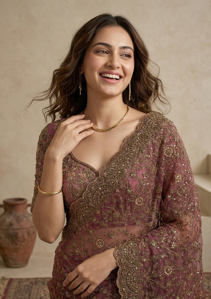 Onion Pink Cording Net Saree