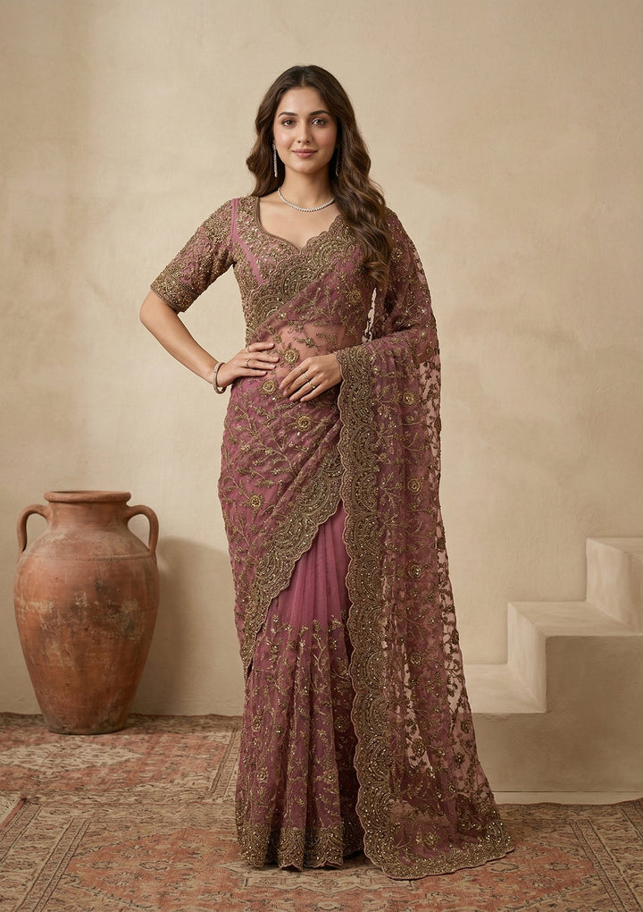 Onion Pink Cording Net Saree