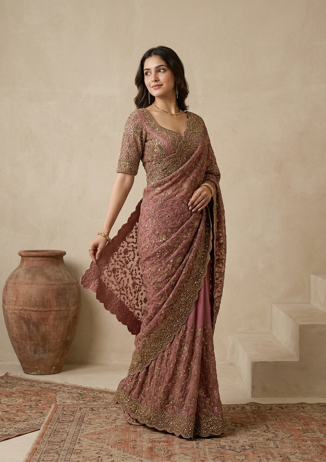 Onion Pink Cording Net Saree