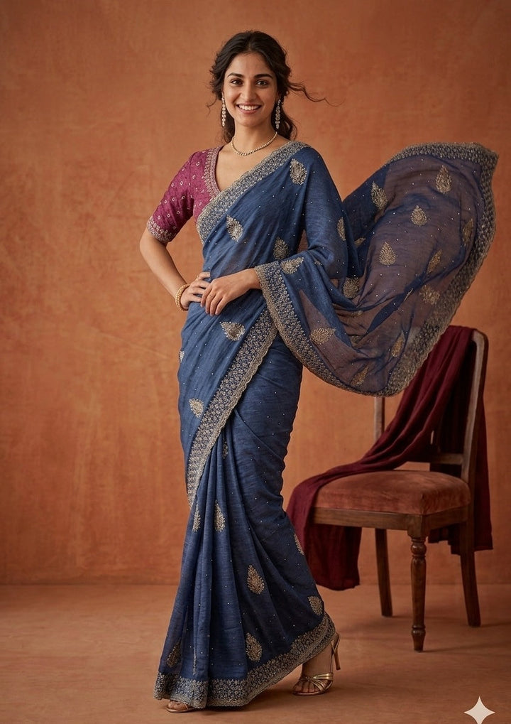 Blue Soft Raw Silk Floral Gold Zariwork Saree With Matching Blouse Piece