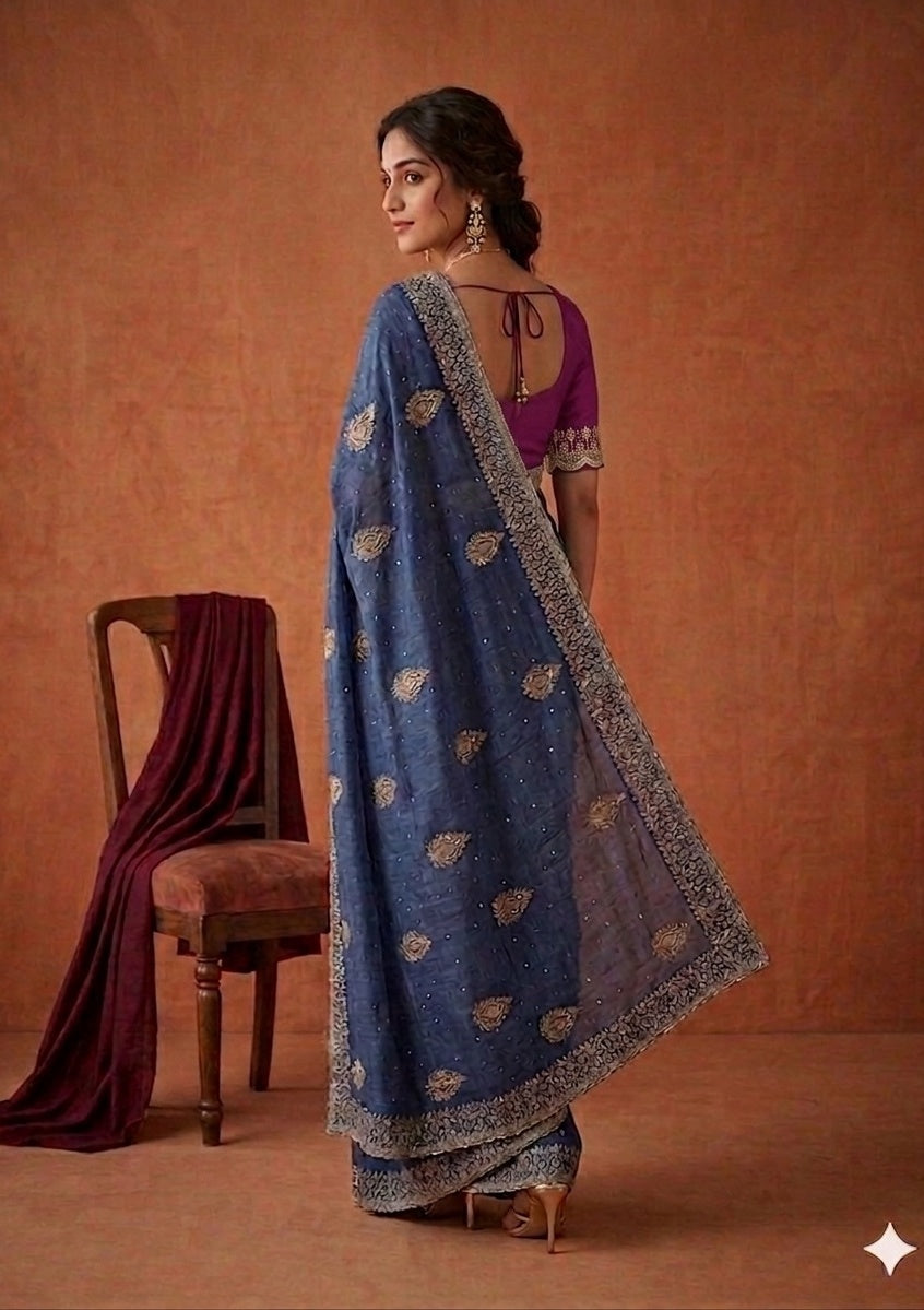 Blue Soft Raw Silk Floral Gold Zariwork Saree With Matching Blouse Piece