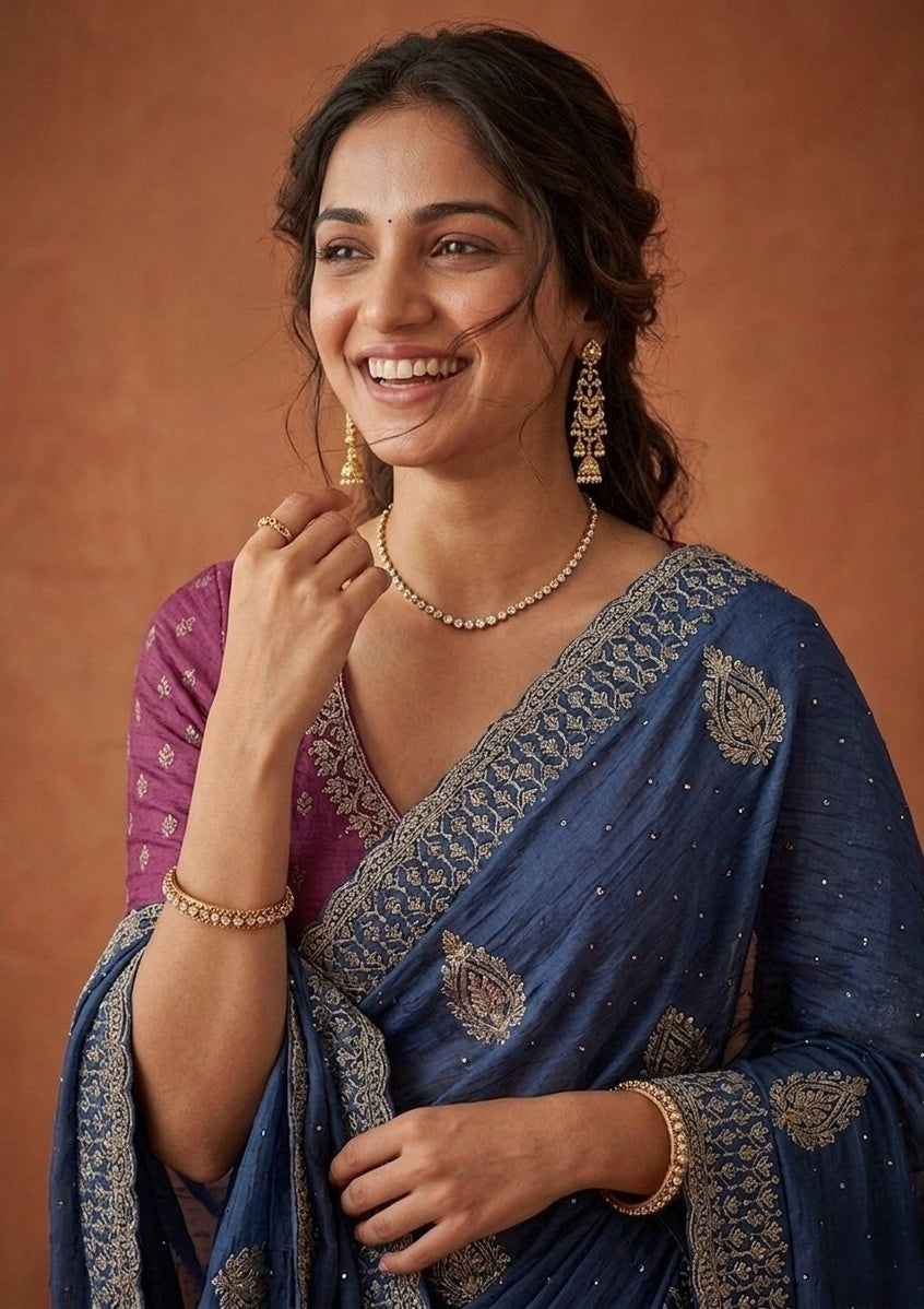 Blue Soft Raw Silk Floral Gold Zariwork Saree With Matching Blouse Piece