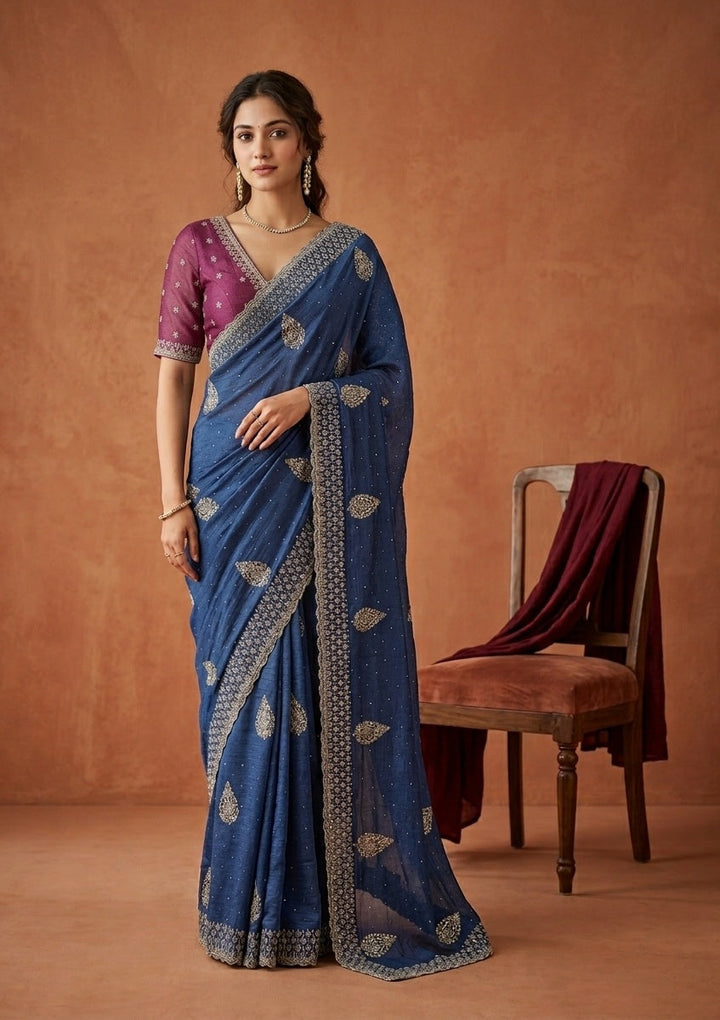 Blue Soft Raw Silk Floral Gold Zariwork Saree With Matching Blouse Piece