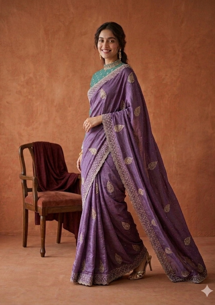 Lavender Zariwork (Gold) Soft Raw Silk Saree