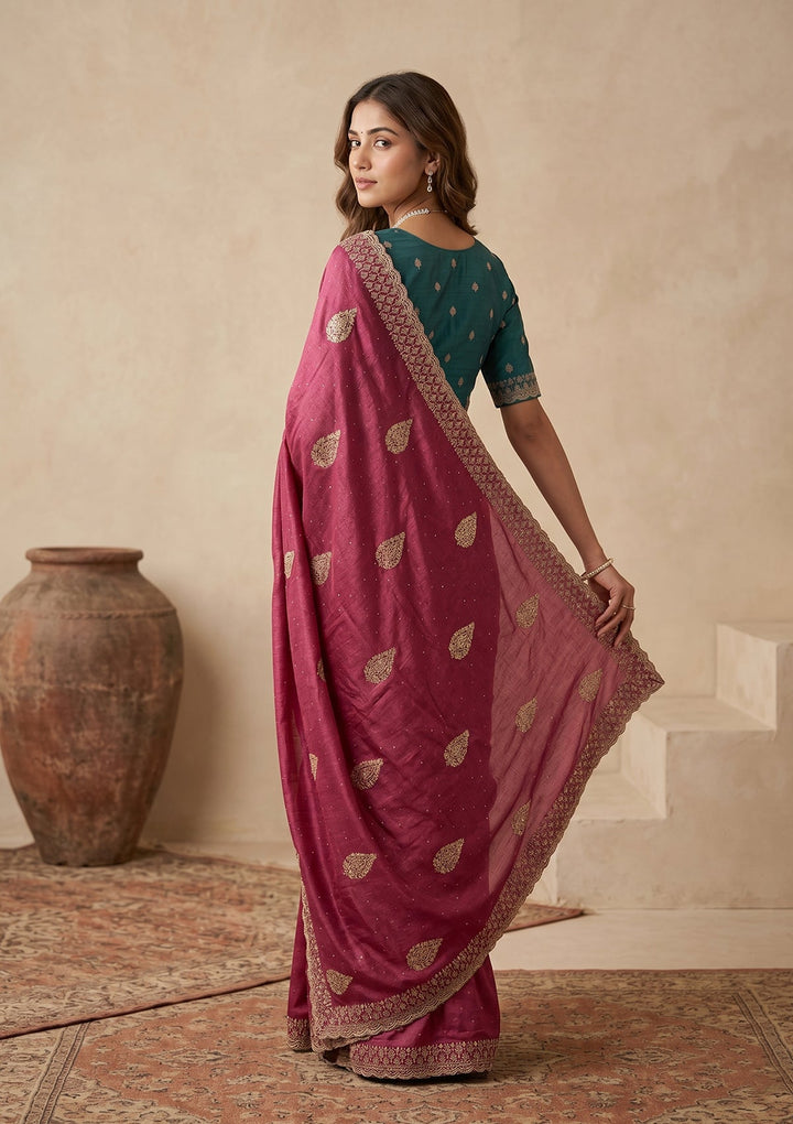 Onion Pink Soft Raw Silk Floral Gold Zariwork Saree With Matching Blouse Piece