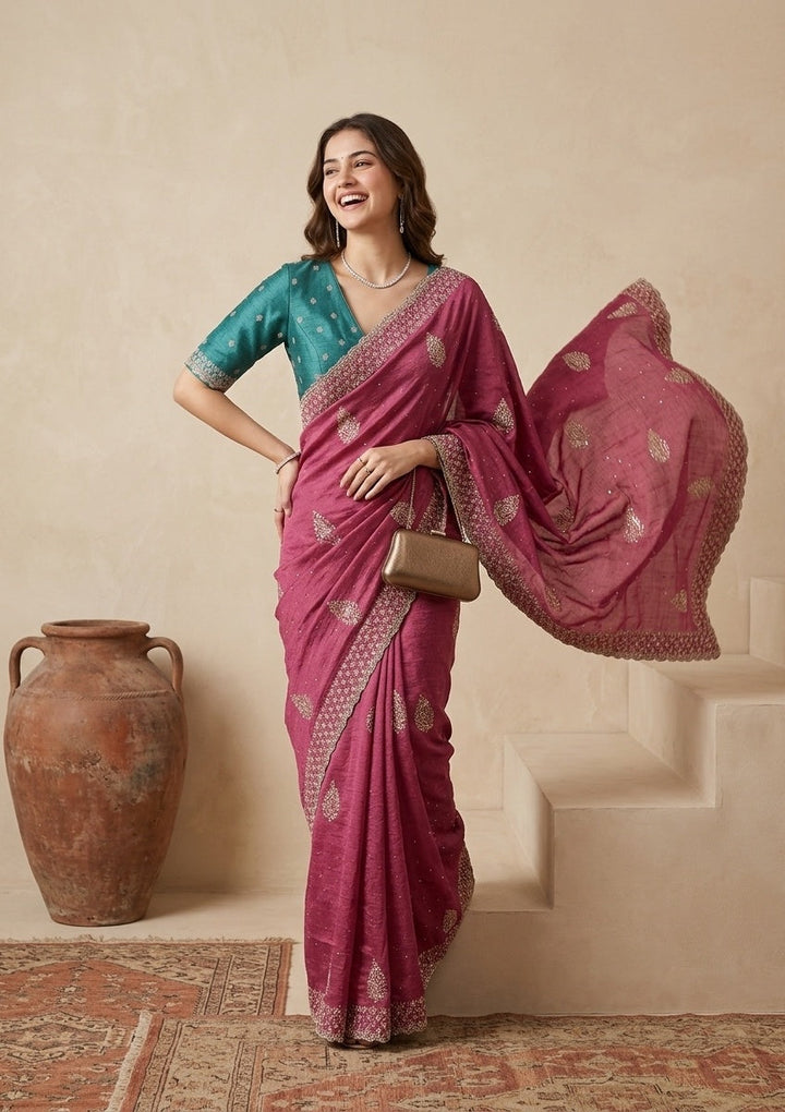 Pink Zariwork (Gold) Soft Raw Silk Saree