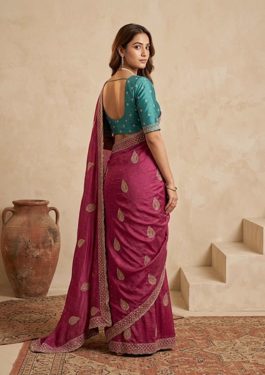 Pink Zariwork (Gold) Soft Raw Silk Saree