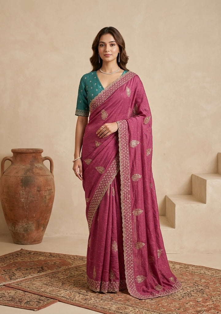 Pink Zariwork (Gold) Soft Raw Silk Saree
