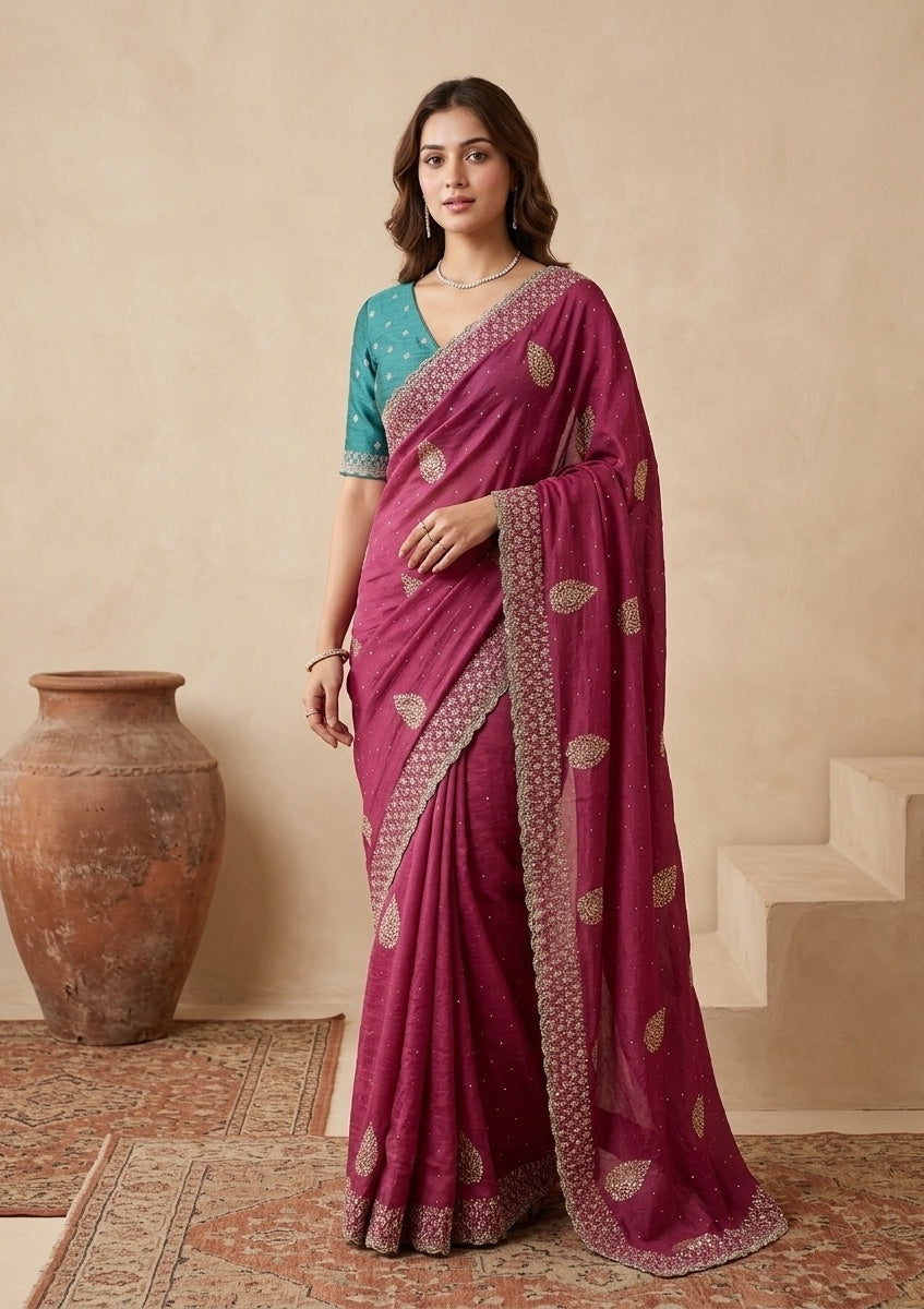 Pink Zariwork (Gold) Soft Raw Silk Saree