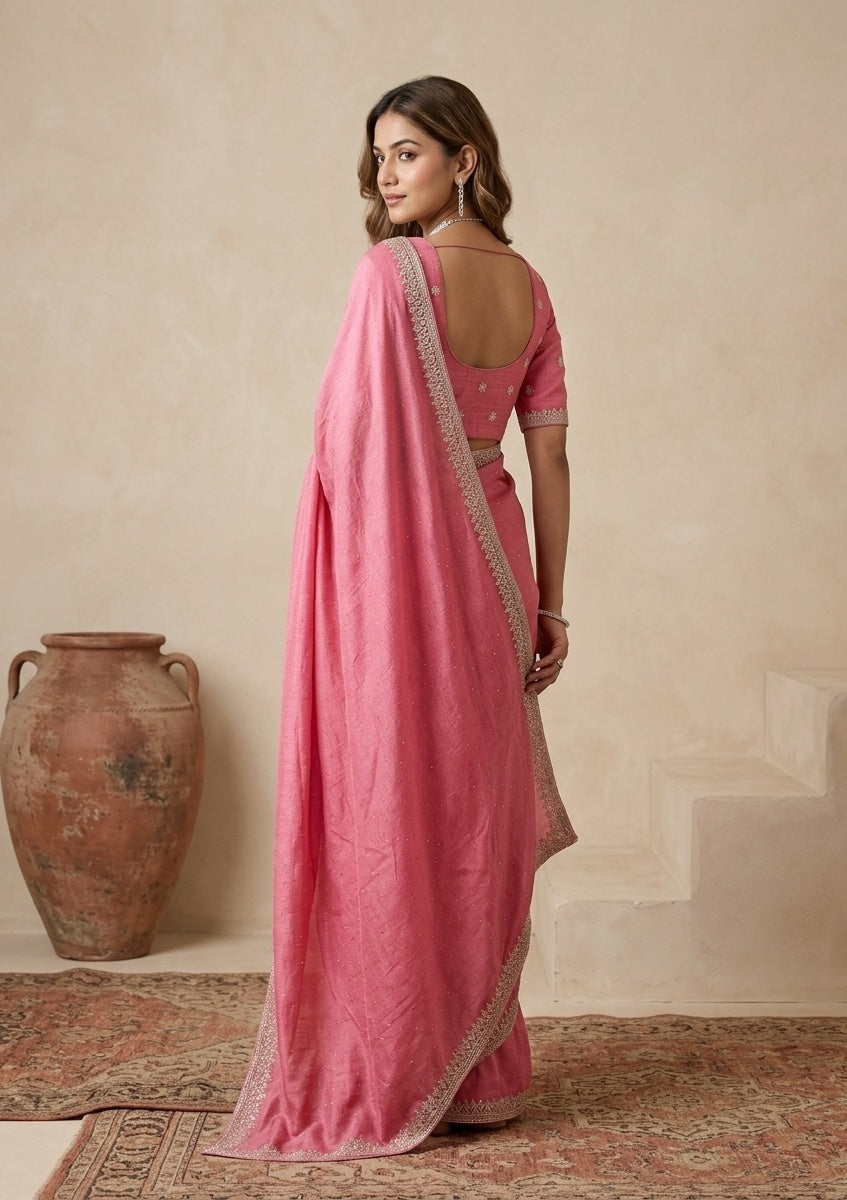 Pink Stonework (Gold) Soft Raw Silk Saree