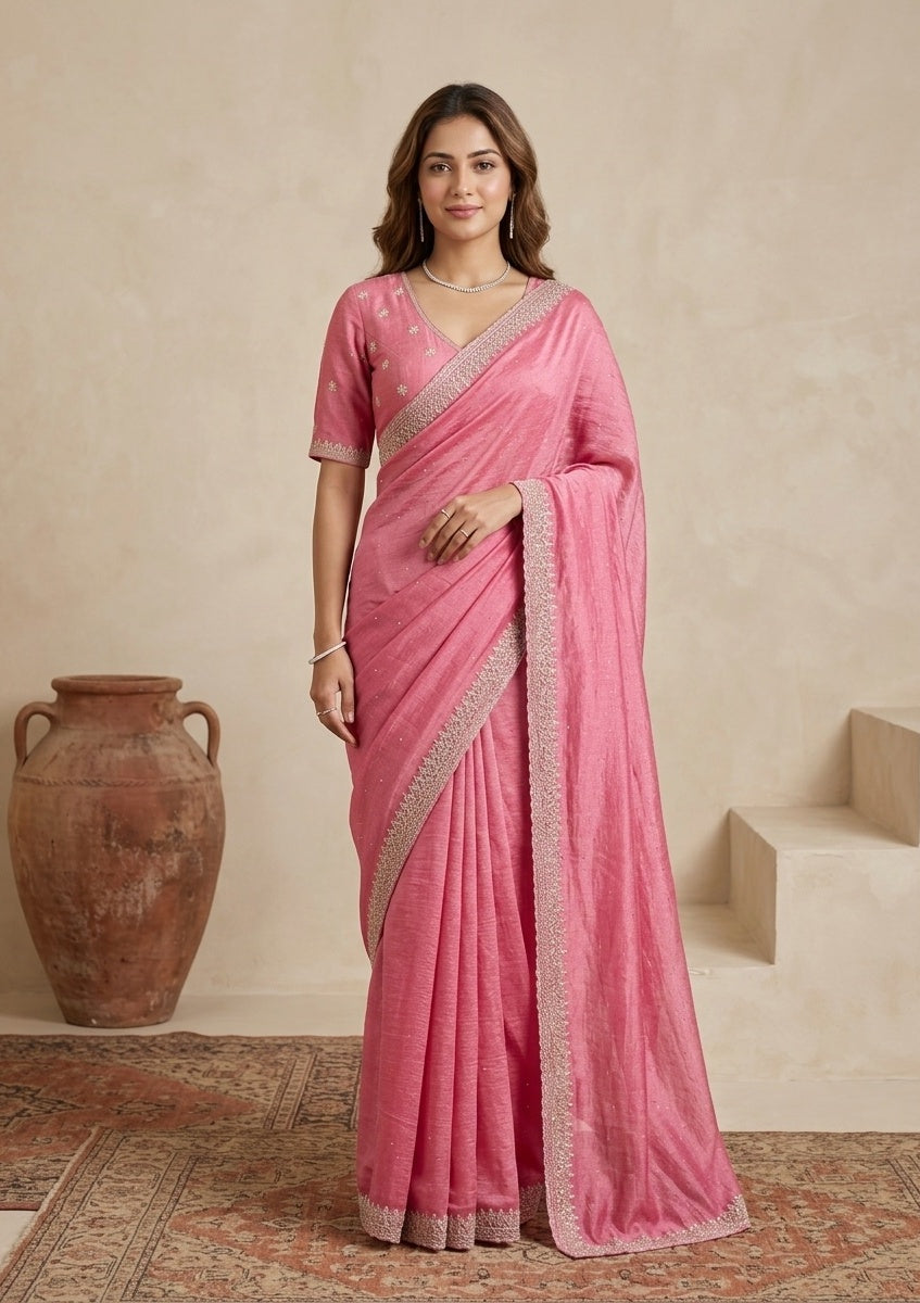 Pink Stonework (Gold) Soft Raw Silk Saree