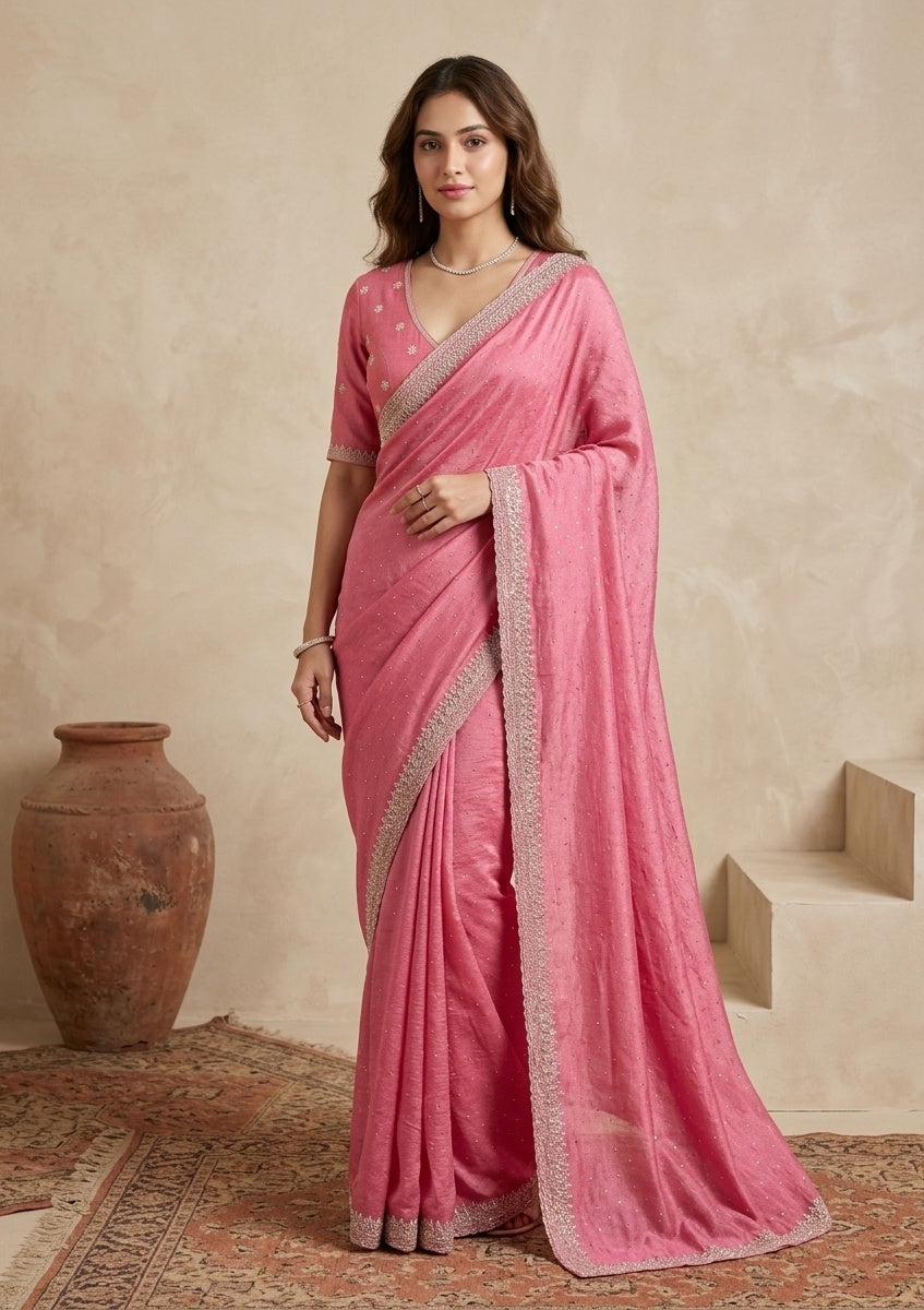 Pink Stonework (Gold) Soft Raw Silk Saree