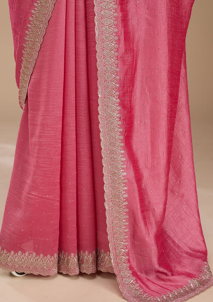 Pink Stonework (Gold) Soft Raw Silk Saree