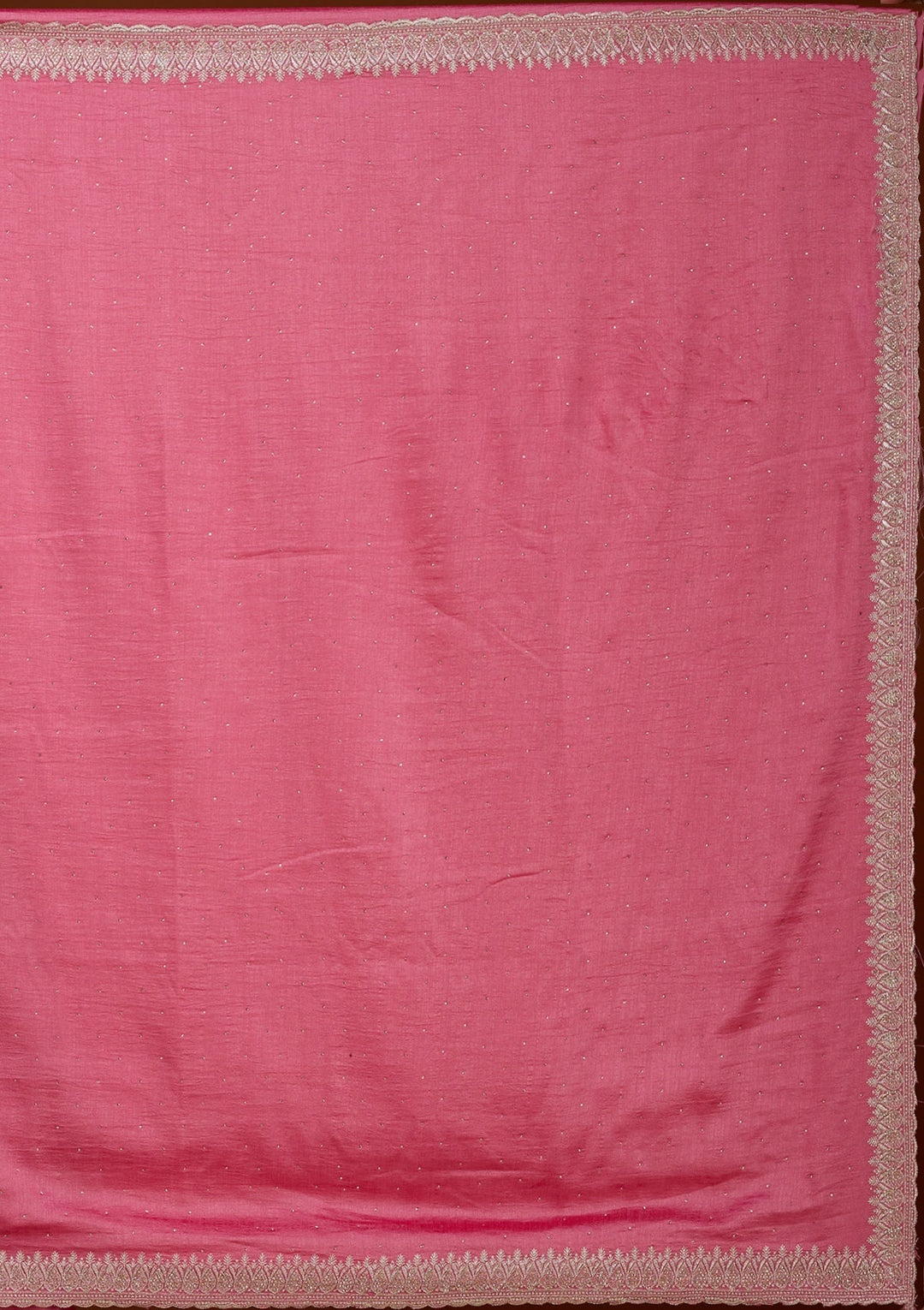Pink Stonework (Gold) Soft Raw Silk Saree